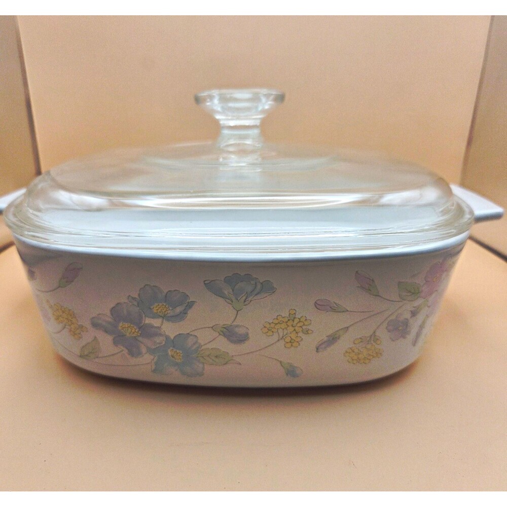 CorningWare A-2-B 2L Floral Square Casserole Dish w/ Glass Lid White Blue